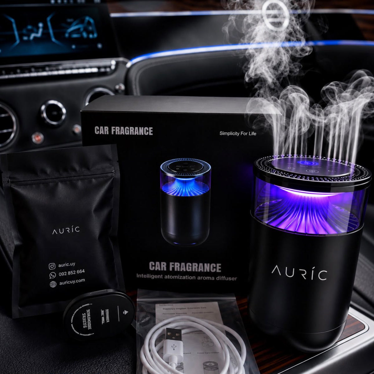 Kit del difusor AURIC® LUXURY: difusor con luz violeta, caja, bolsa, cartucho de aroma y cable USB