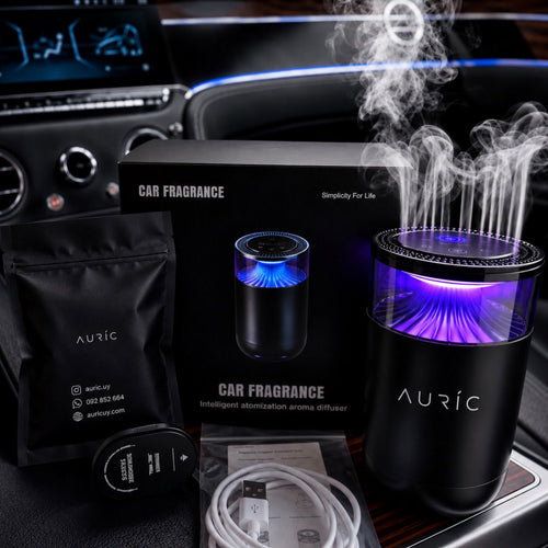 Kit del difusor AURIC® LUXURY: difusor con luz violeta, caja, bolsa, cartucho de aroma y cable USB